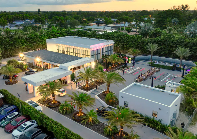 Aerial view of The Glass Venue in Miami at dusk